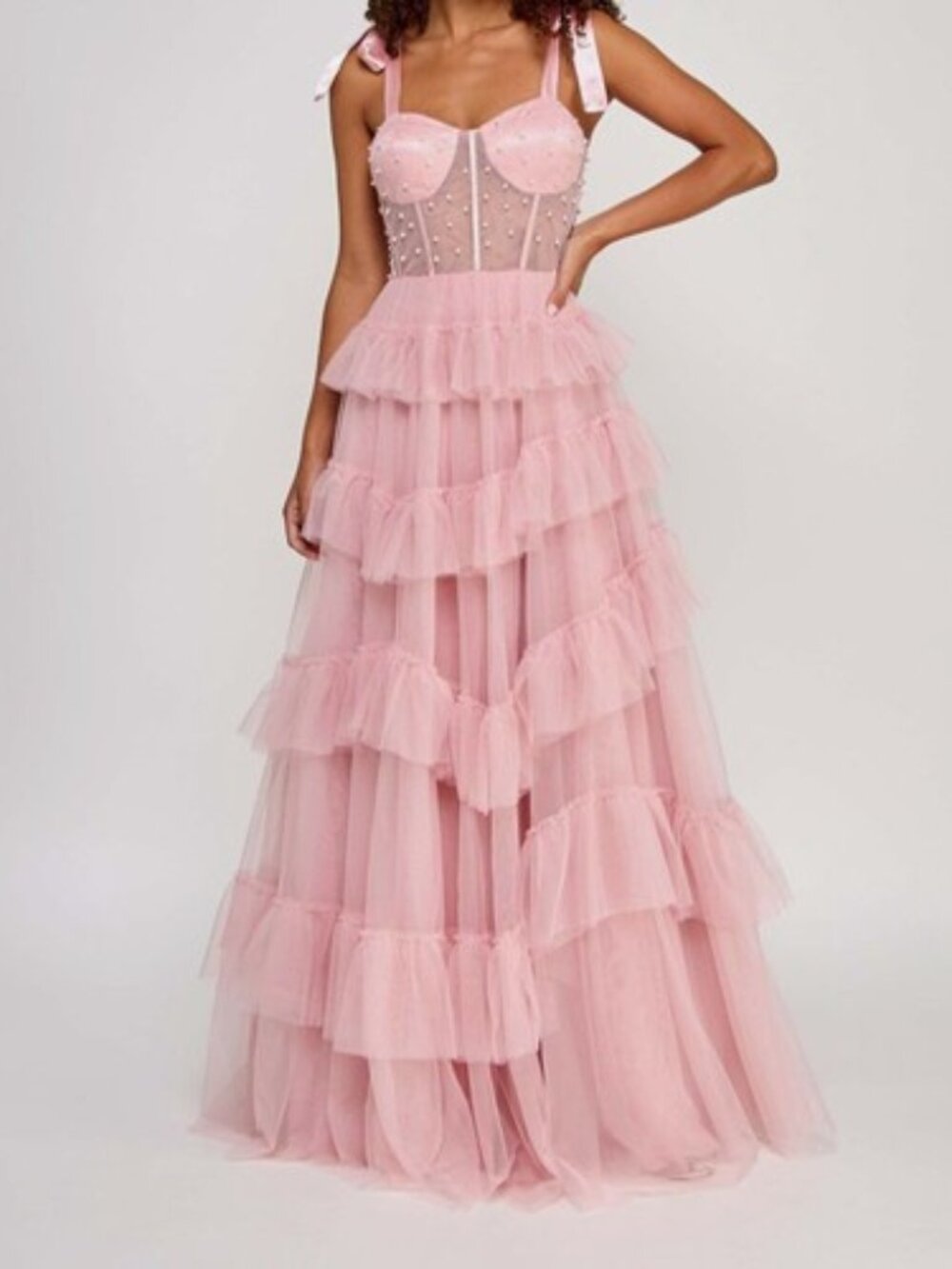 Say Yes To The Dress Pink Pearl Corset Ruffled Maxi Dress